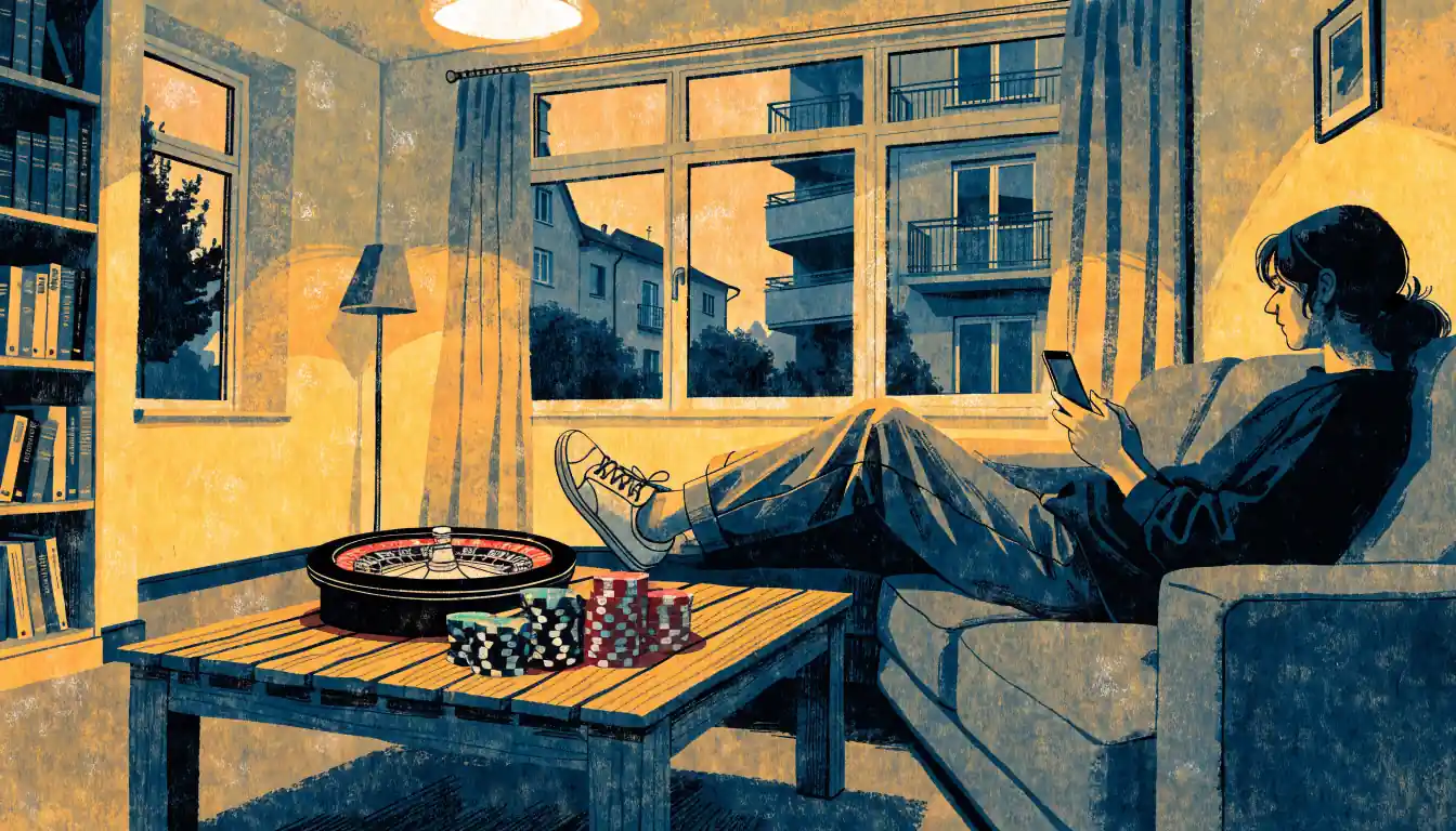 Person auf Sofa mit Smartphone, Casino-Chips und Roulette-Rad auf Couchtisch im deutschen Wohnzimmer.