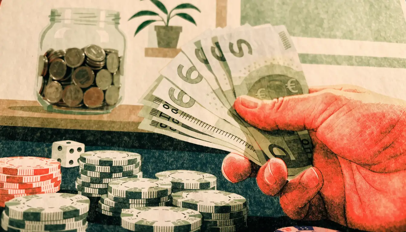 Nahaufnahme von Euro-Scheinen über Spielchips auf einem Filztisch mit Münzglas
