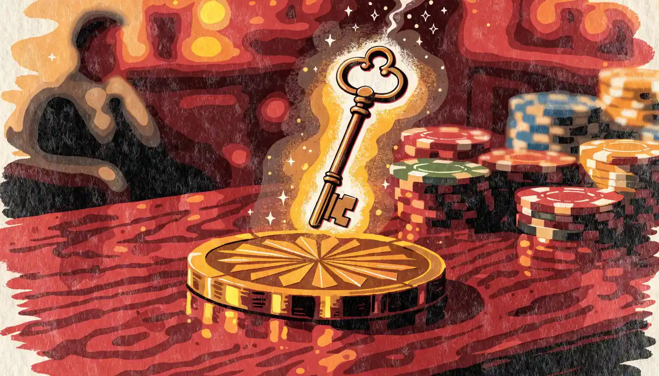 Ein schwebender Messingschlüssel über einer leuchtenden goldenen Bonusmünze auf dunklem Mahagonitisch mit Casinochips im Hintergrund.