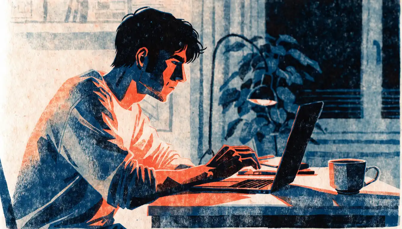 Junger Mann abends angespannt am Schreibtisch vor Laptop, warmes Lampenlicht.