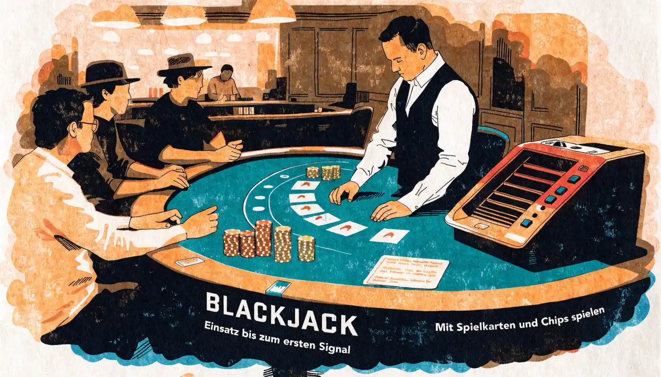 Live-Blackjack-Tisch in deutschem Casino-Studio mit Croupier und Chips